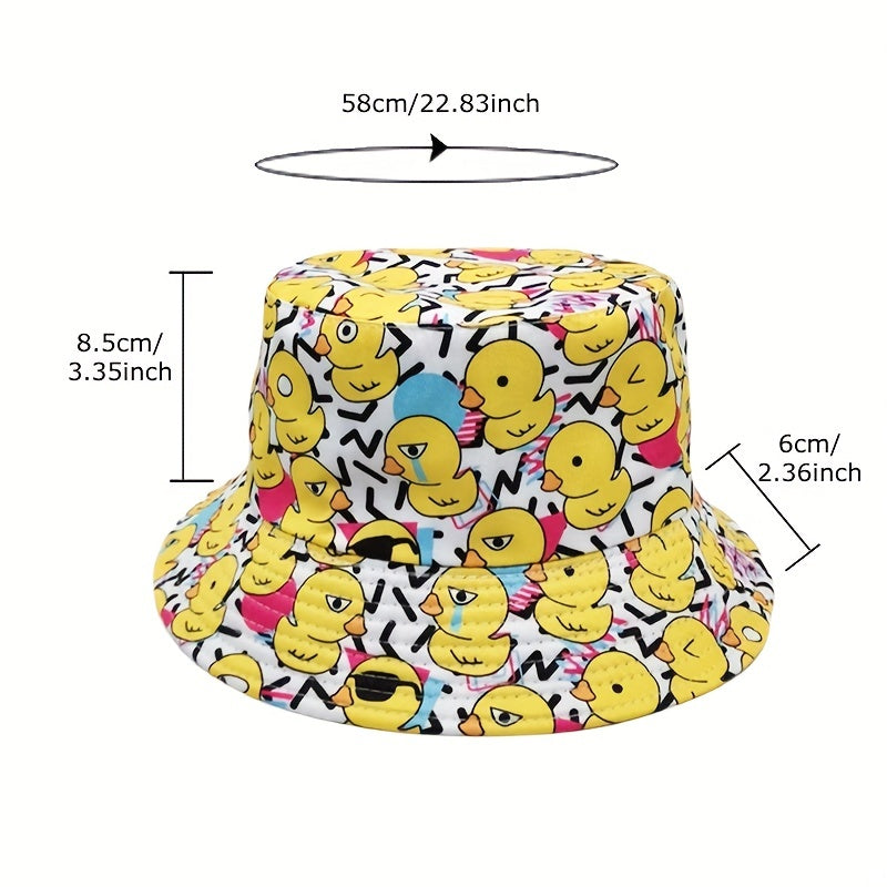 Yellow Duck Print Bucket Hat Reversible Cartoon Travel Beach Hats Unisex