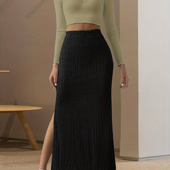 Ribbed Slit Skirt High Stretch Ankle Skirt Spring Summer