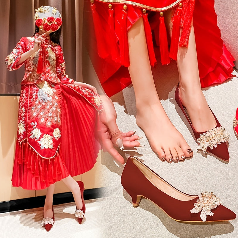 Red Lace Kitten Heels with Pearls & Rhinestones
