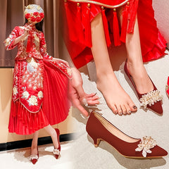 Red Lace Kitten Heels with Pearls & Rhinestones