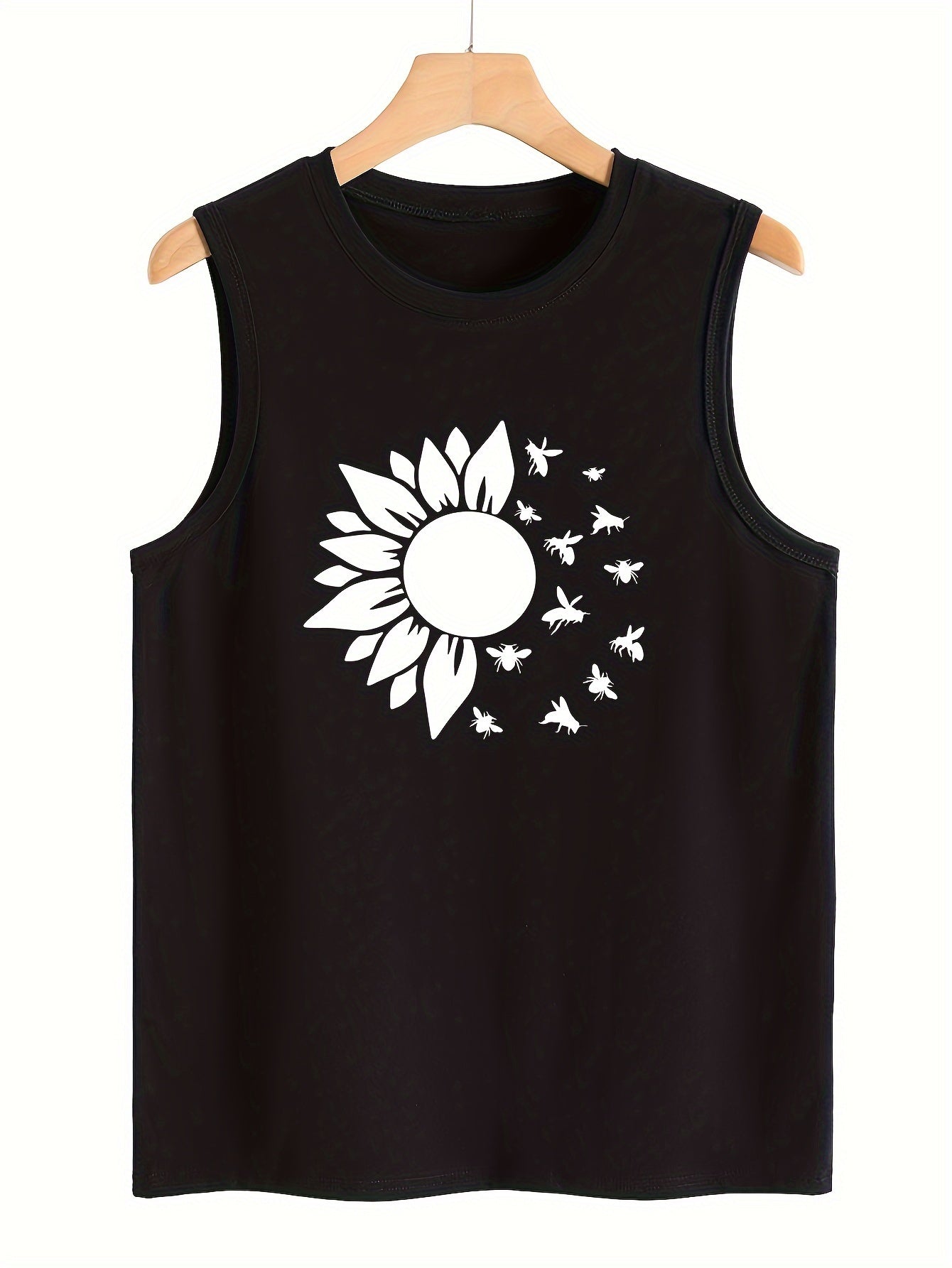 Sunflower & Insect Print Sleeveless Sports Vest Stretchy Casual Tops