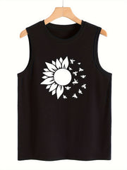 Sunflower & Insect Print Sleeveless Sports Vest Stretchy Casual Tops