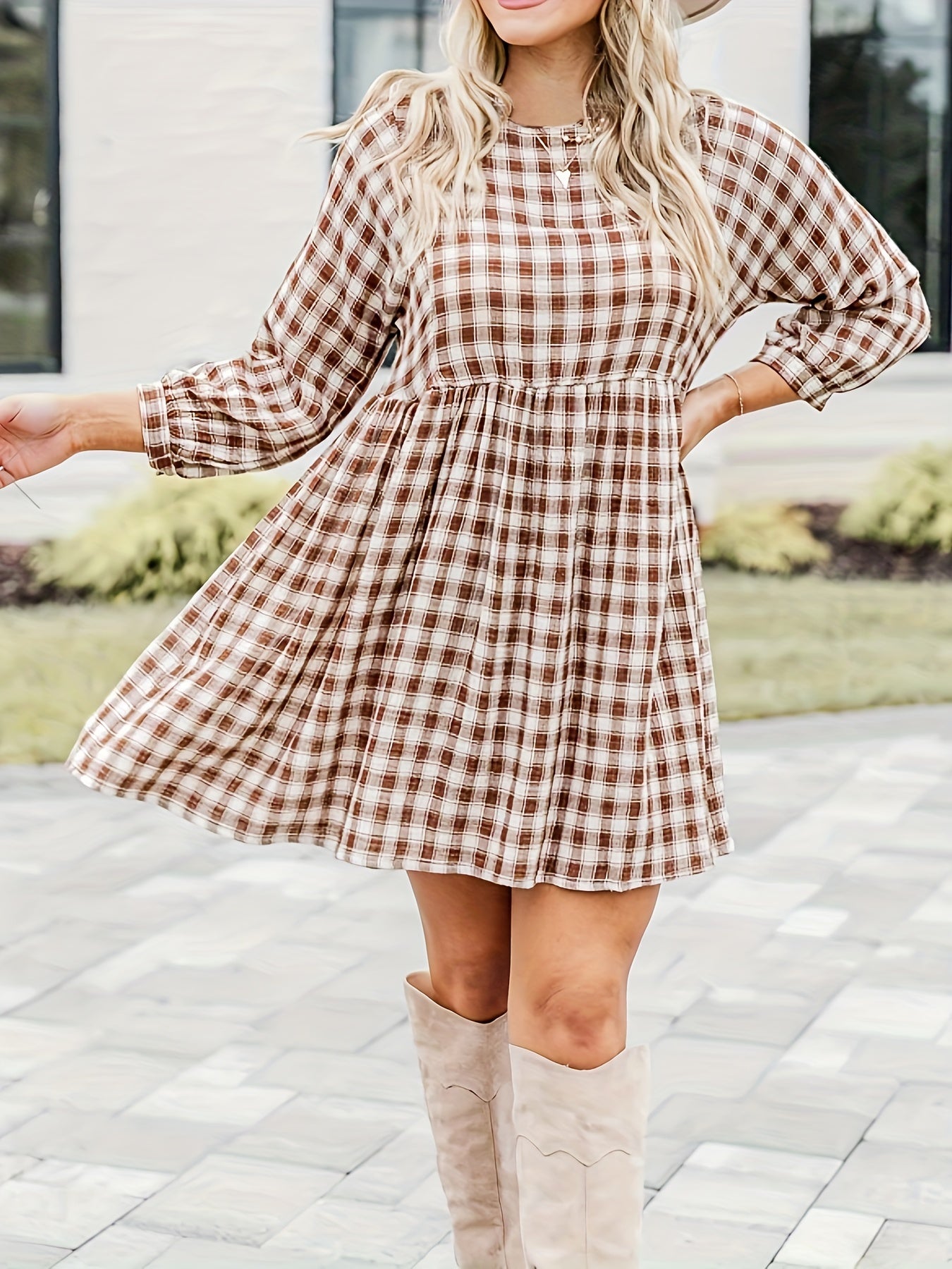 Plus Gingham Print Long Sleeve Round Neck Mini Dress