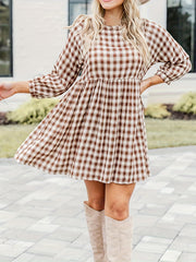 Plus Gingham Print Long Sleeve Round Neck Mini Dress