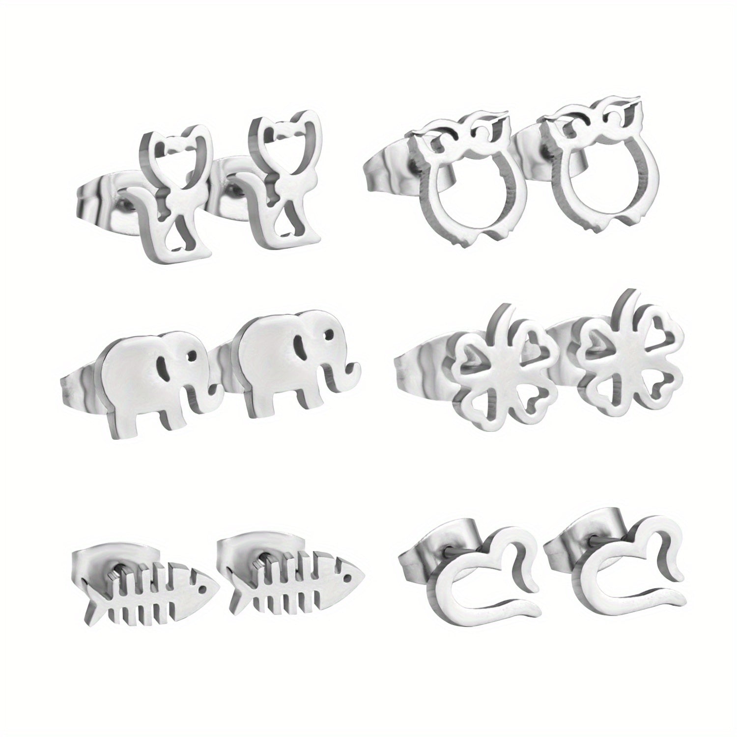 6Pairs Box Stainless Steel Cat Clover Heart Stud Earrings Set For Girls