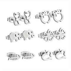 6Pairs Box Stainless Steel Cat Clover Heart Stud Earrings Set For Girls
