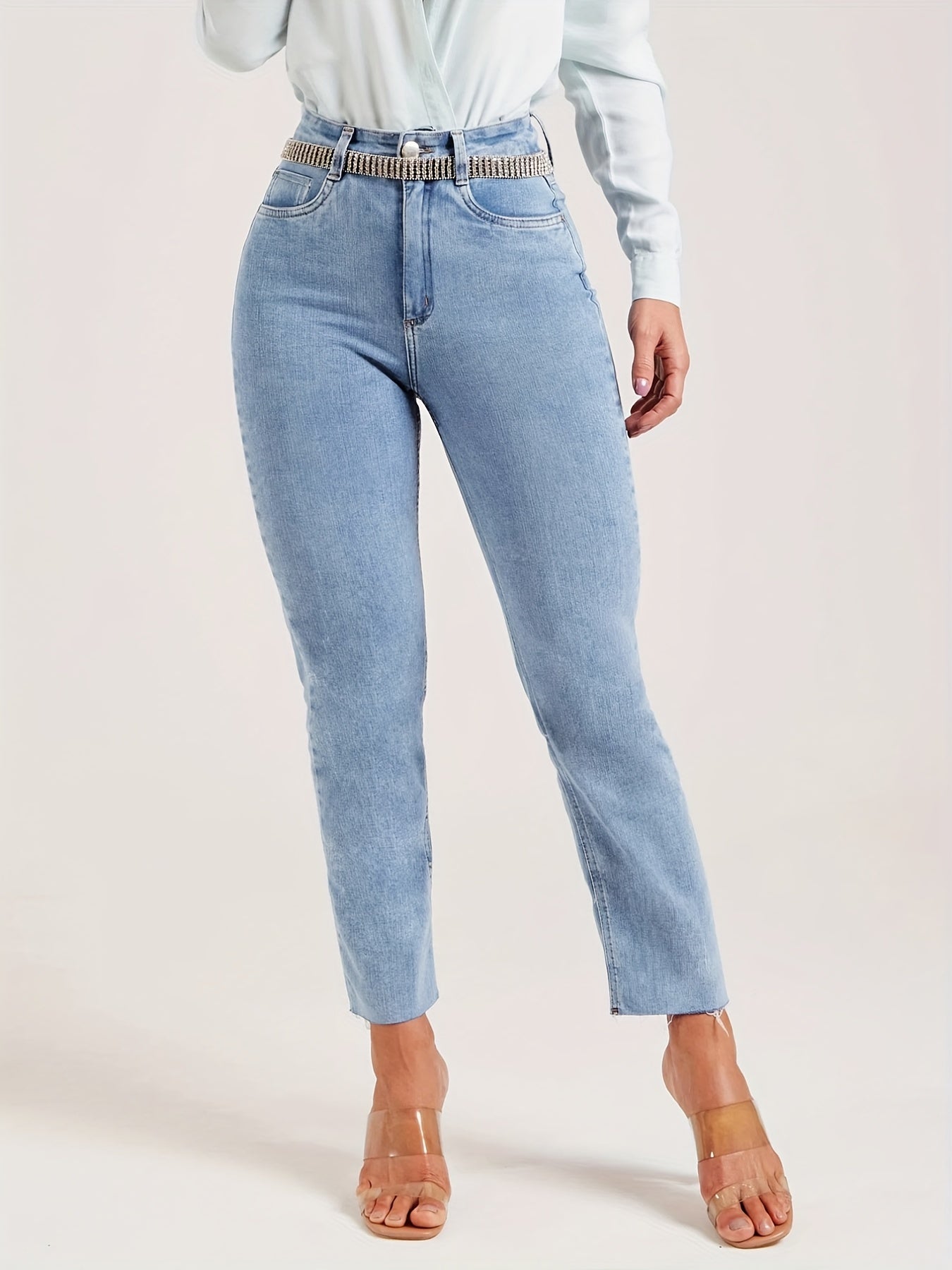 Medium Stretch Slim Fit Cropped Jeans Solid Washed Denim Pants