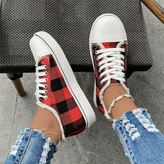 Women's Plaid Canvas Low Top Flat Sneakers Lace Up Walking Shoes