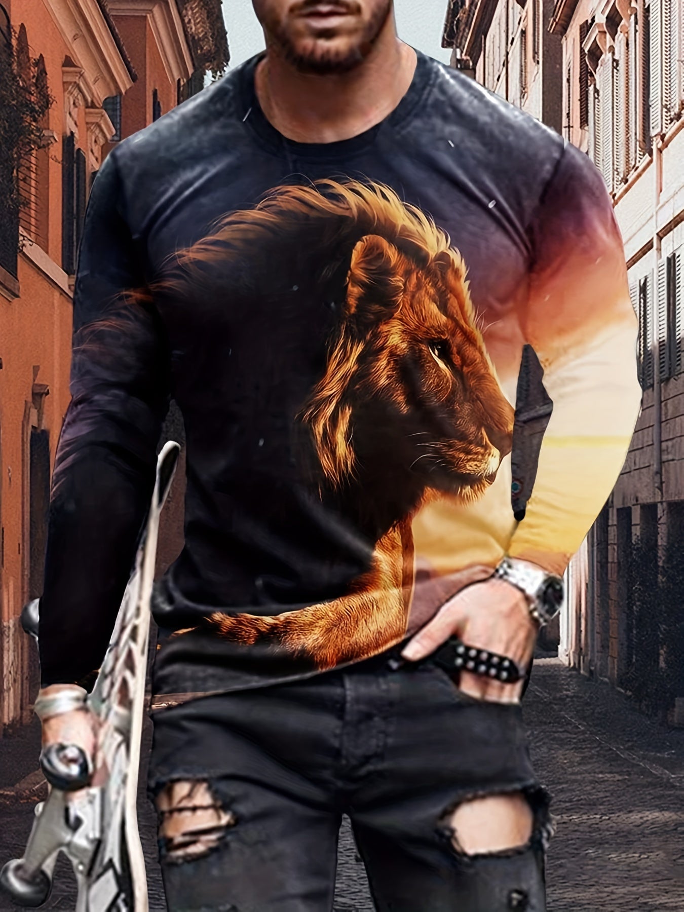 Lion 3d Print Men's Long Sleeve T-shirt Vintage Tees For Autumn