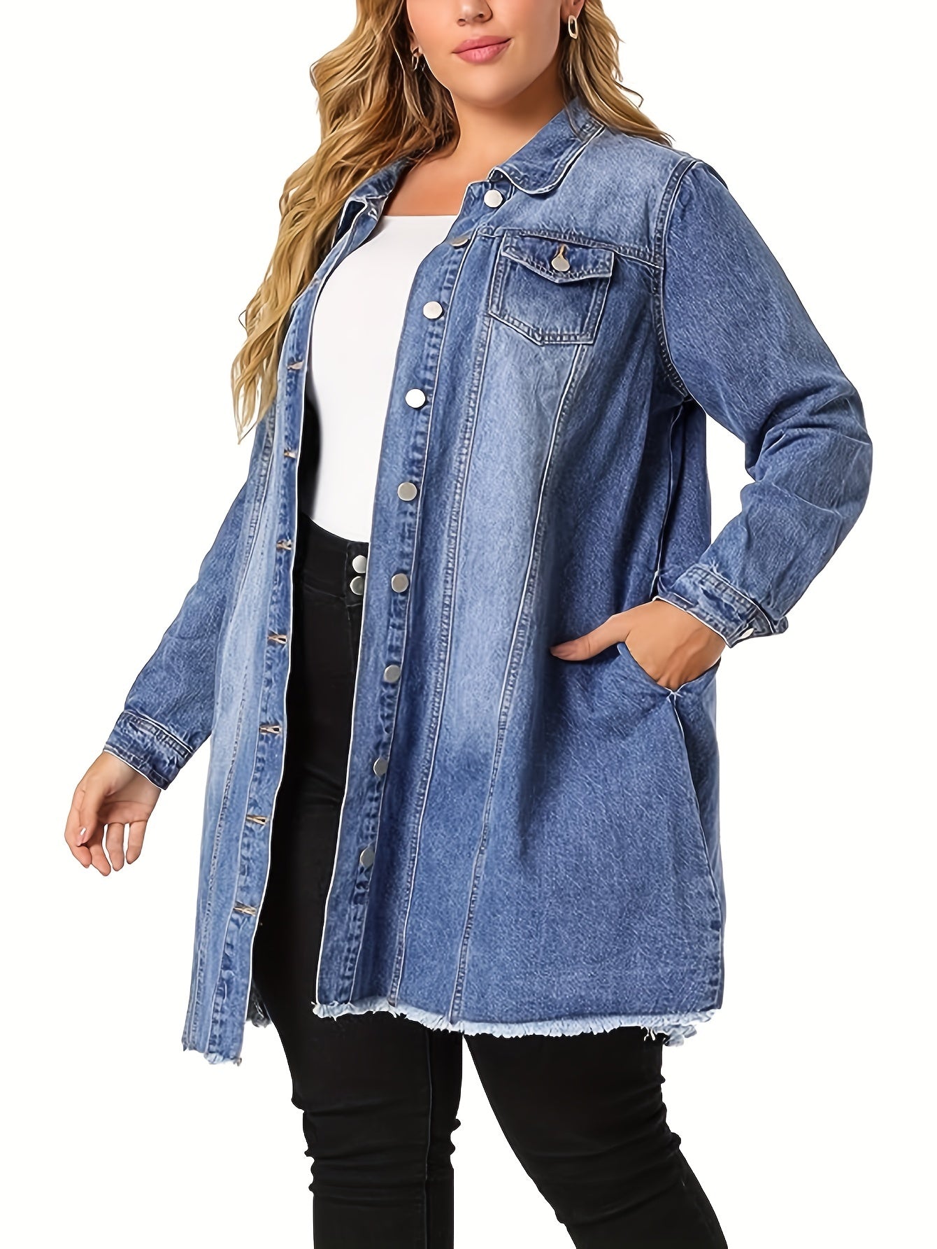 Casual Denim Top Women's Plus Washed Pipping Button Up Long Sleeve