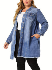 Casual Denim Top Women's Plus Washed Pipping Button Up Long Sleeve