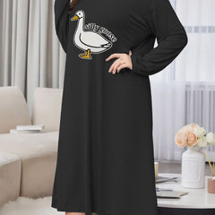Goose Print Lounge Dress Long Sleeve Round Neck Nightdress