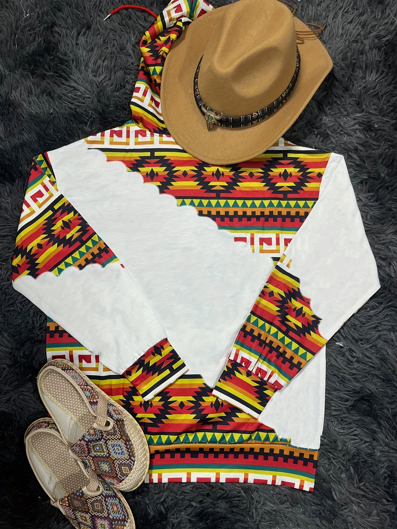 Ethnic Print Kangaroo Pocket Hoodie Long Sleeve Hoodie