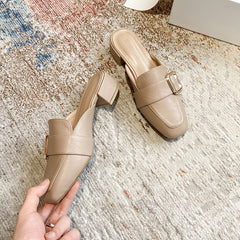 Women's Buckle Belt Flat Mules Square Toe Slip On Slides Sandals