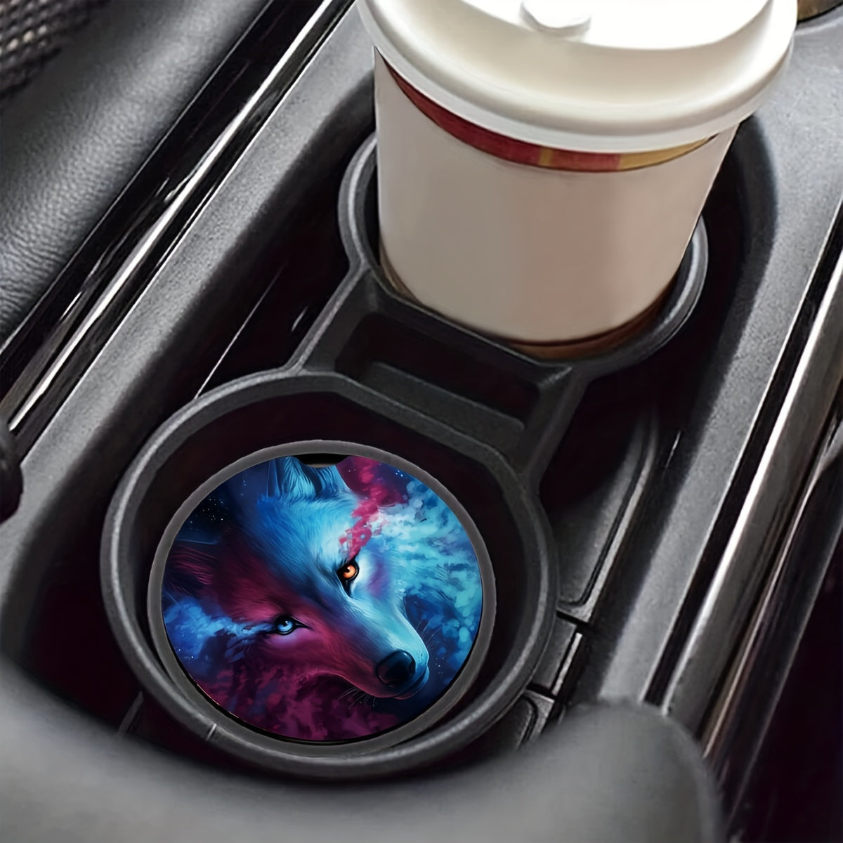 2pcs Wolf Print Car Coaster, Double Sided Design