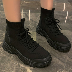 Knitted Ankle Boots Lace Up Combat Boots Elastic Platform Boots