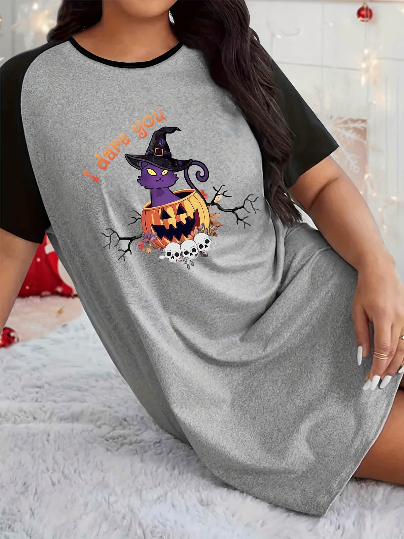 Halloween Nightdress Women's Plus Pumpkin & Cat Print Raglan