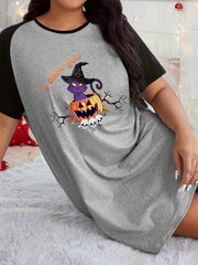 Halloween Nightdress Women's Plus Pumpkin & Cat Print Raglan