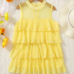 Girls Mesh Neck Layered Stitching Tank Dress For Summer