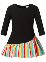 Kid Girls Rainbow Striped Long Sleeve Casual Dress