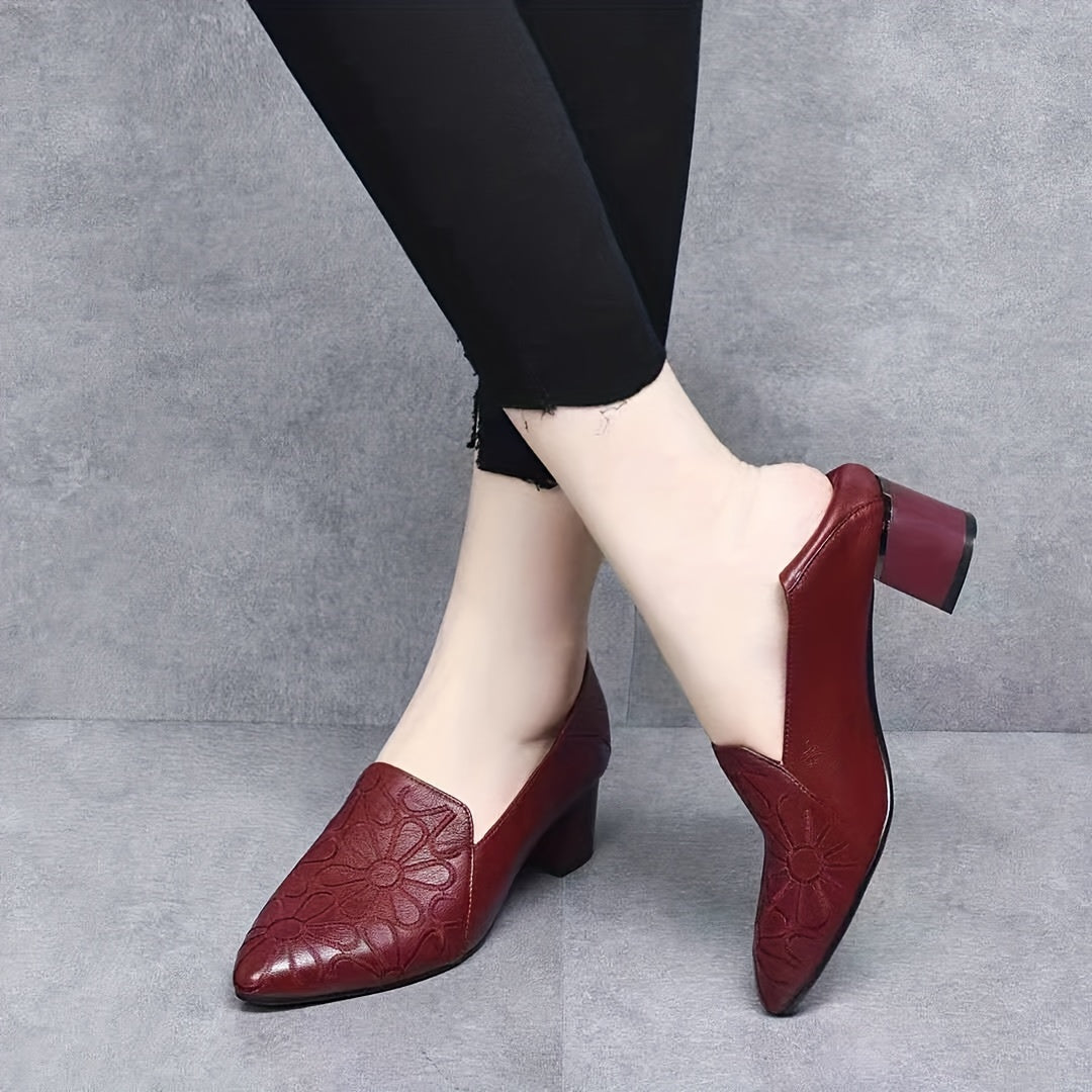 Flower Embroidered Mid Heel Pumps