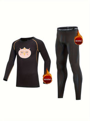2pcs Kids Fleece Lined Warm Compression Set Cartoon Print Tops & Pants