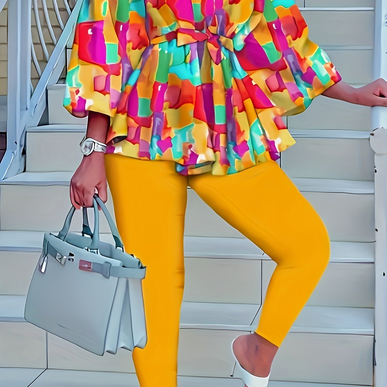 Women's Plus Painting Print Off Shoulder Top & Leggings Set
