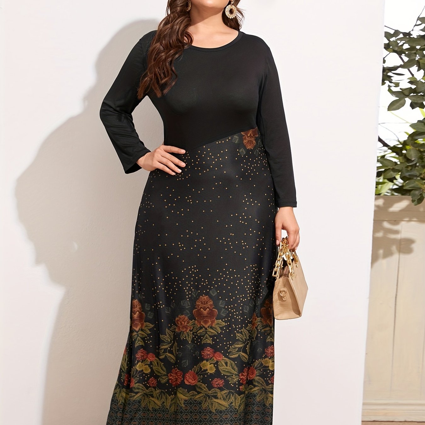 Women's Plus Floral Print Long Sleeve Maxi Dress