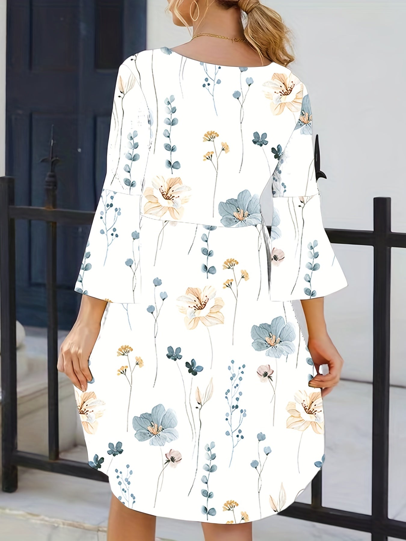 Floral Bell Sleeve Dress Loose Fit