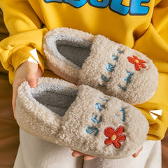 Letter Embroidered Fuzzy Slippers Plush Lined Slip On Shoes