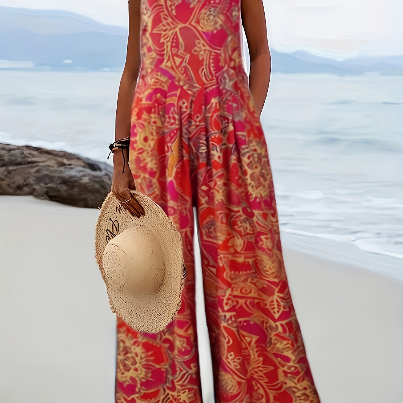 Graphic Print Wide Leg Jumpsuit Summer Sleeveless Casual Jumpsuit