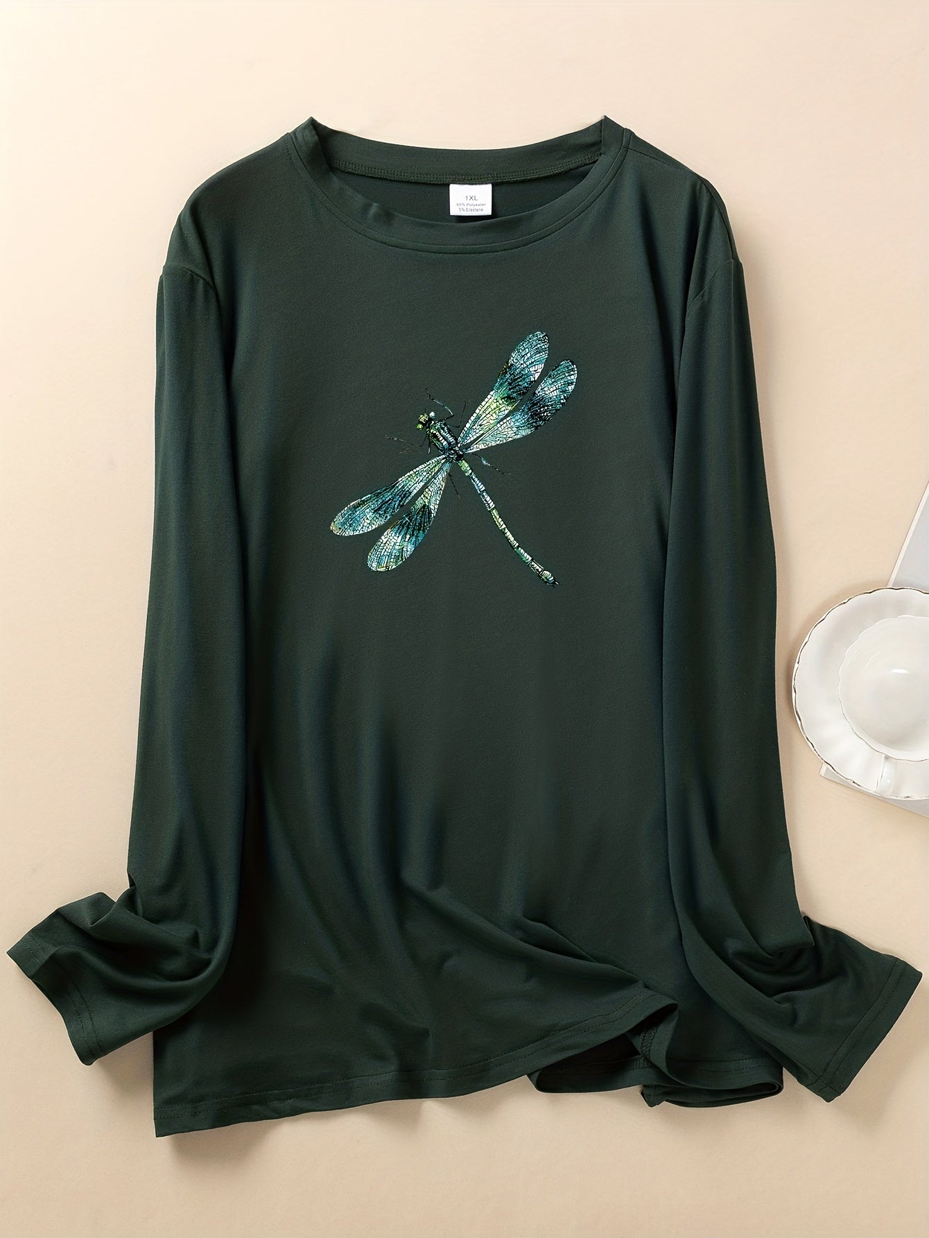Dragonfly Print Plus Size Long Sleeve Pajama Top