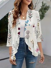 Floral Print Open Front Ruffle Cardigan 3/4 Sleeve Casual Cardigan