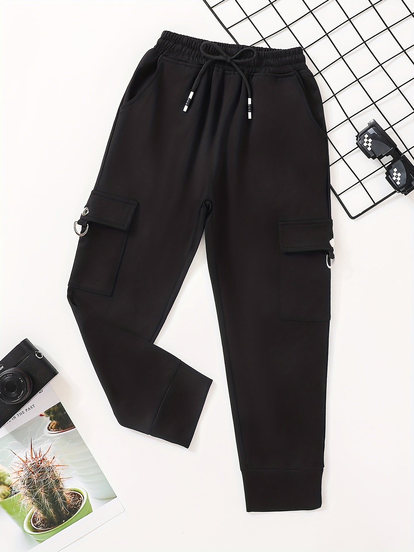 Boys Casual Solid Cargo Pants Elastic Waist Jogger Pants