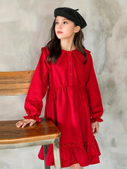 Comfy Cotton Button Long Sleeve Collar Dress Girls' Dress For Party Fall Winter