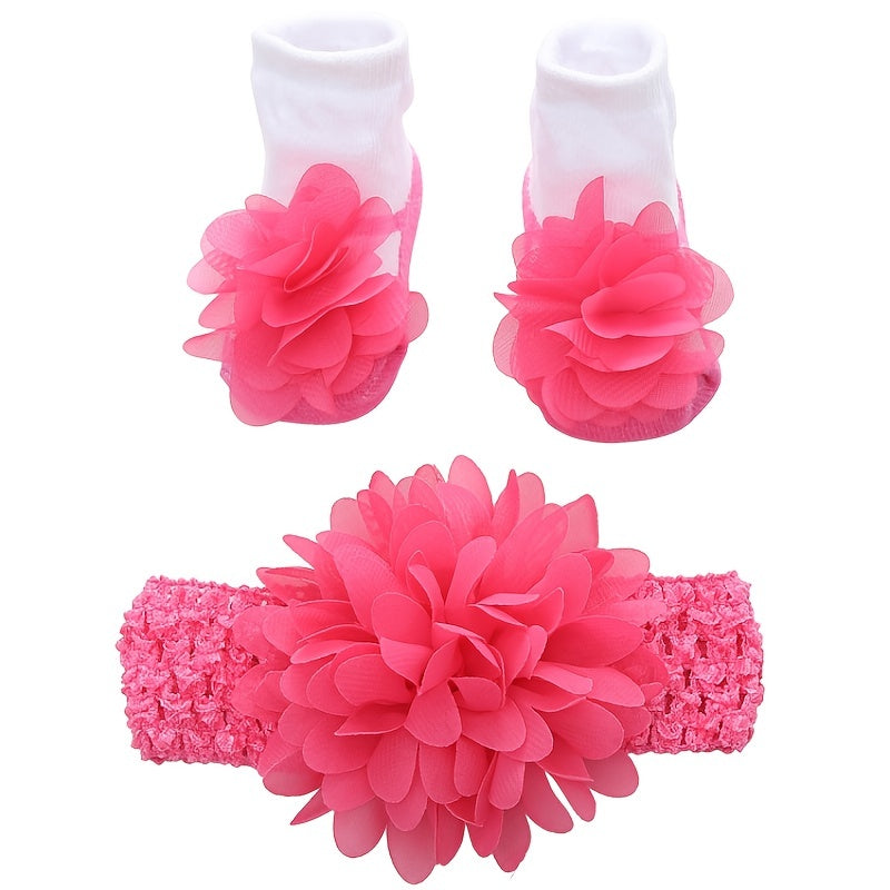 Baby Girls Bow Flowers Decor Sock & Headband Set For Infants