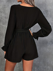 Solid V Neck Belted Romper Jumpsuit