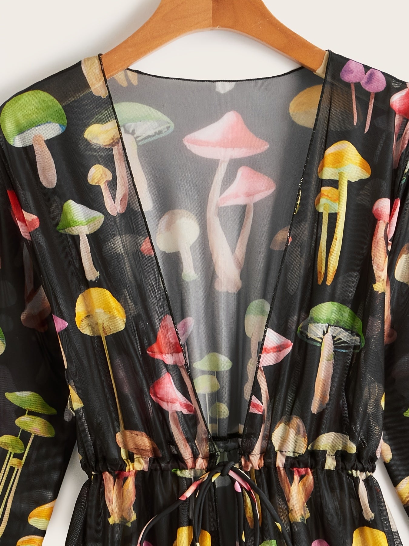 Mushroom Print Long Sleeve Cover Ups Semi Sheer High Stretch