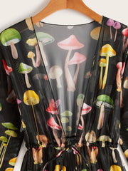Mushroom Print Long Sleeve Cover Ups Semi Sheer High Stretch