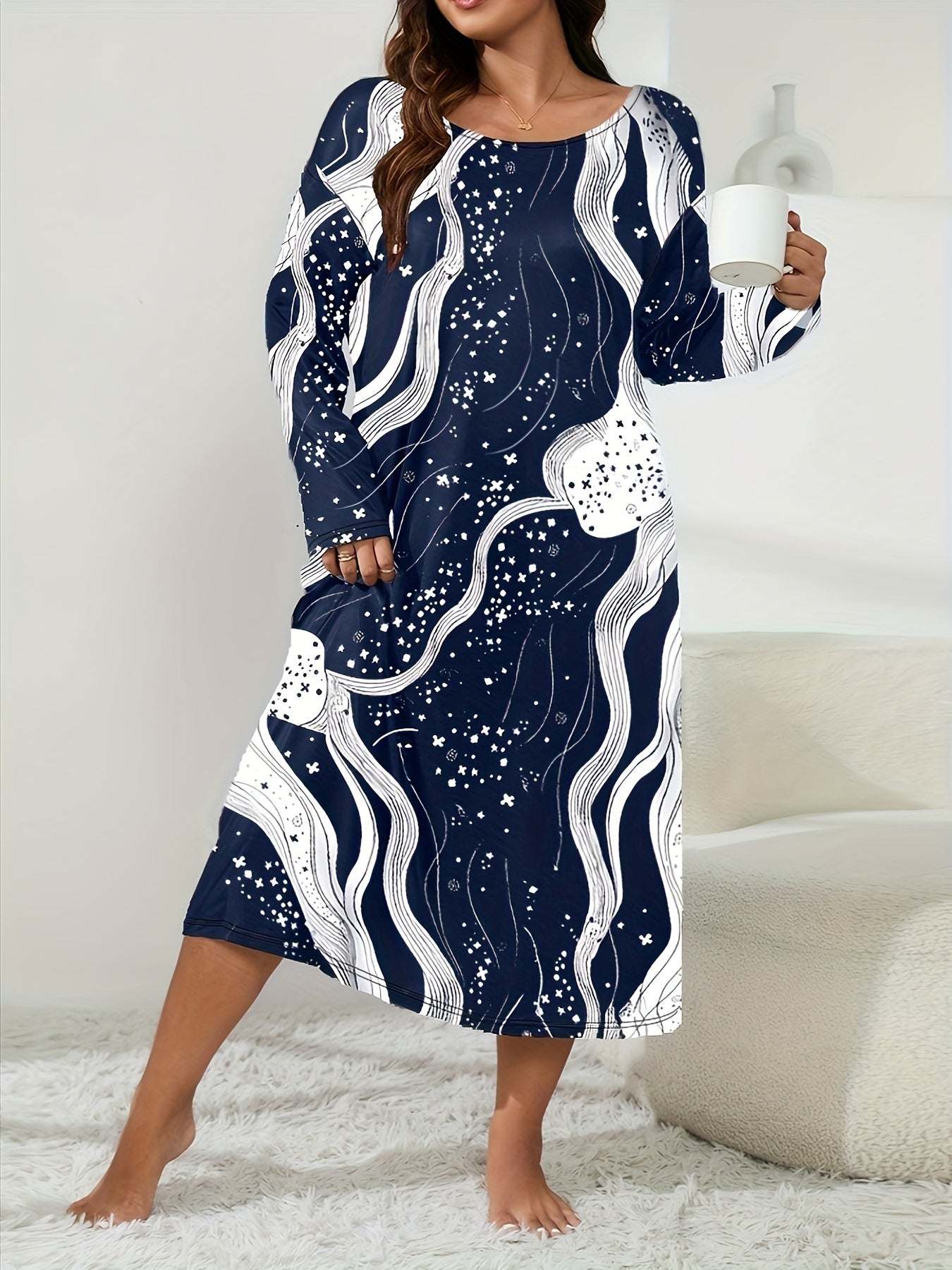 Lounge Dress Women's Plus Random Print Long Sleeve Crew Neck Sleep Dre
