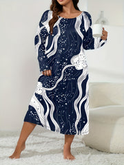 Lounge Dress Women's Plus Random Print Long Sleeve Crew Neck Sleep Dre