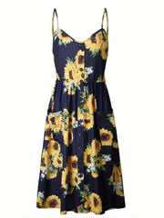 Sunflower Print Button Up Cami Shirt Dress Women's Plus Medium