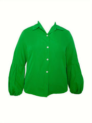 Solid Button Up Lantern Sleeve Blouse