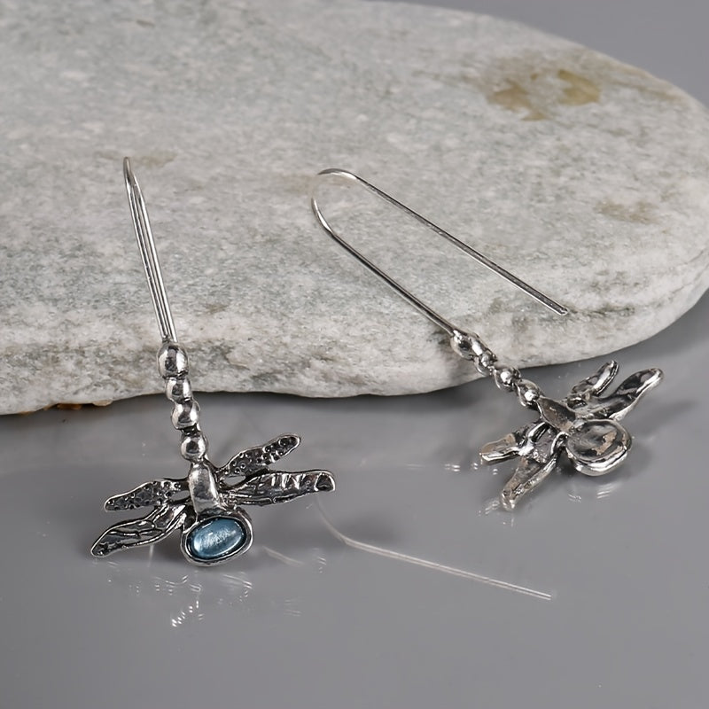 Vintage Dragonfly Stud Earrings with Oval Synthetic Gems for Party