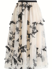 Butterfly Embroidered Midi Dress Elastic Waist Vacation Casual Dress