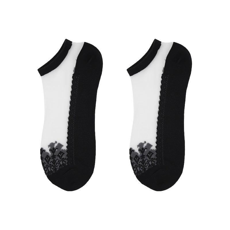 7 Pairs Lace Stitching Mesh Socks - Floral Embroidery Ankle Stockings