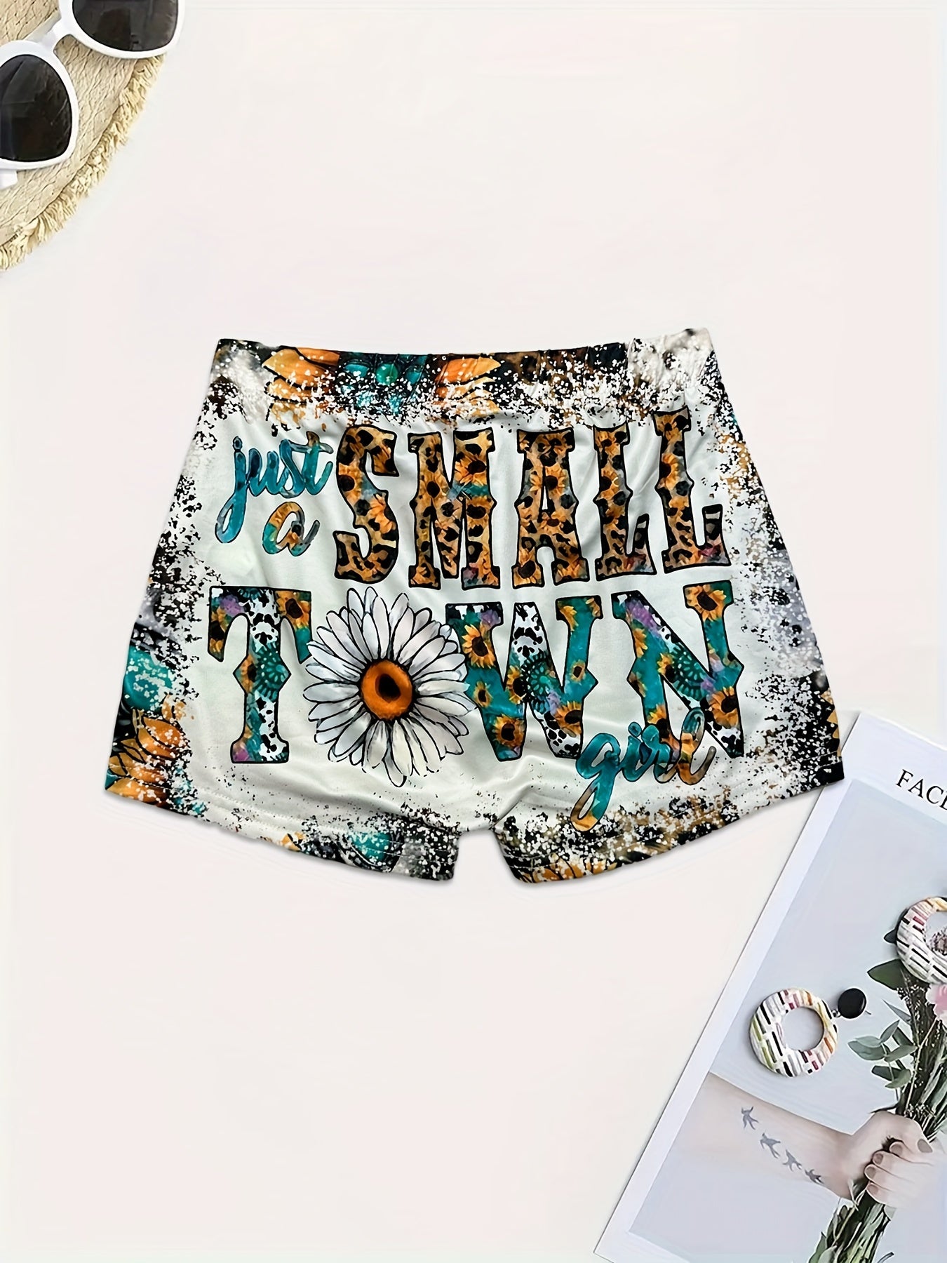 Letter & Sunflower Print Skinny Shorts