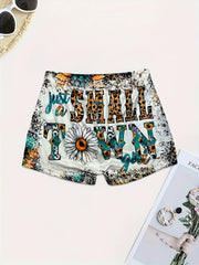 Letter & Sunflower Print Skinny Shorts