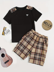 Boy's Plaid Print T-Shirt & Shorts Set with Horse Print