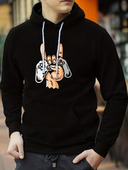 Men's Rock & Game Controller Print Hoodie Casual Stretch Hooded Sweatshirt